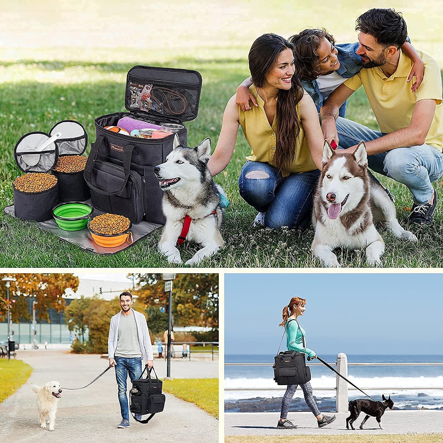 Dog Travel Bag with 2 Collapsible Dog Bowls, 1 Dog Backpack, Airline Approved Pet Travel Bag Organizer for Supplies & Accessories, 2 Travel Dog Food Container, Black