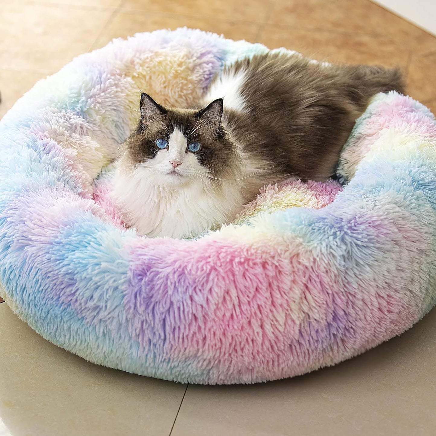 anti Anxiety round Fluffy Plush Faux Fur Warm Washable Dog Bed & Cat Bed, Original Bed for Small Medium Large Pets,Used to Relieve Joints and Improve Sleep（20"/24"/27''） (20", Rainbow)