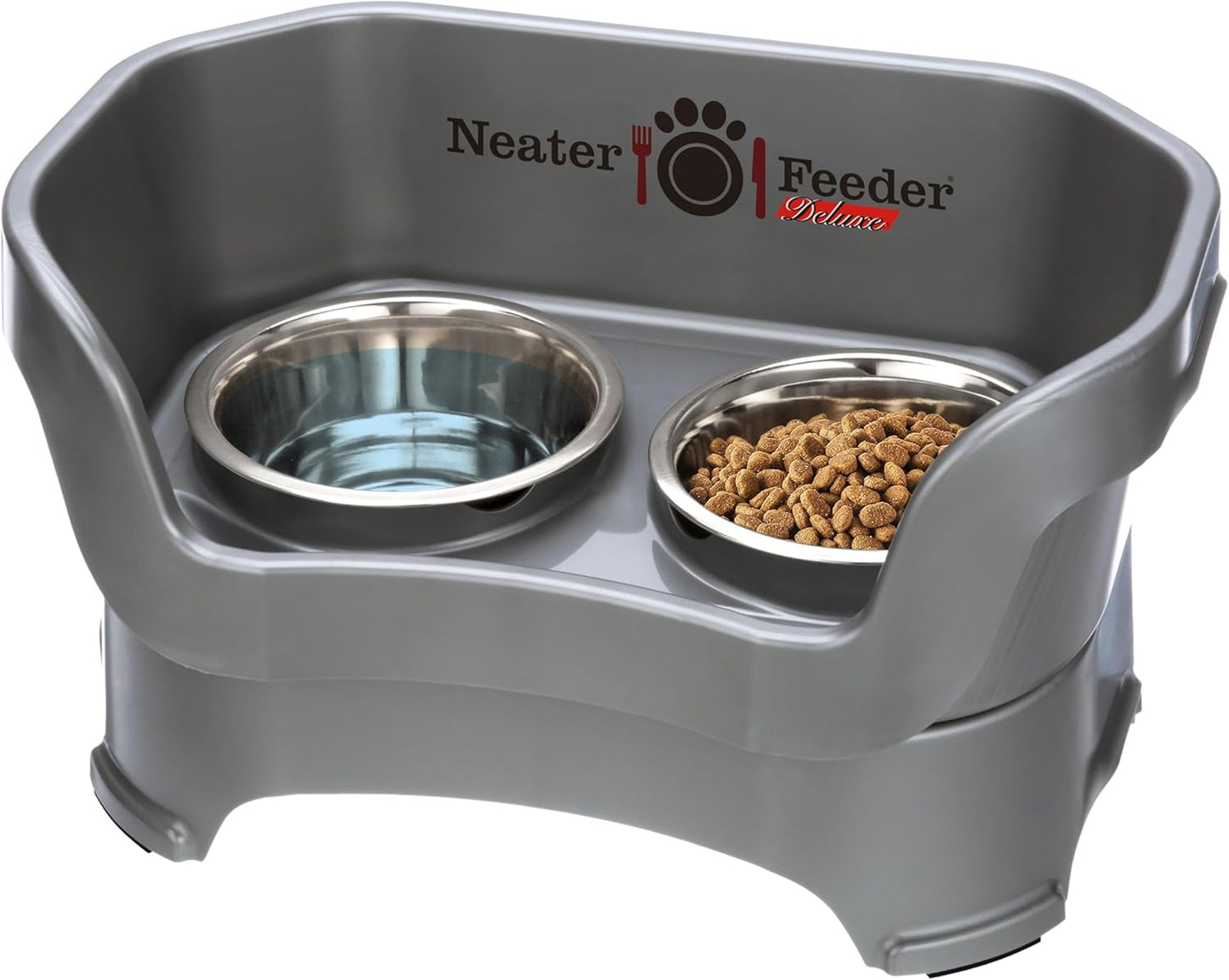 Neater Feeder Deluxe Mess Proof Dog Bowls Elevated Medium Sized Dog – Made in USA – No Spill Raised Dog Food Bowl Stand – Stainless Steel Dog Food and Water Bowl Set – Non-Tip & Non-Skid – Grey