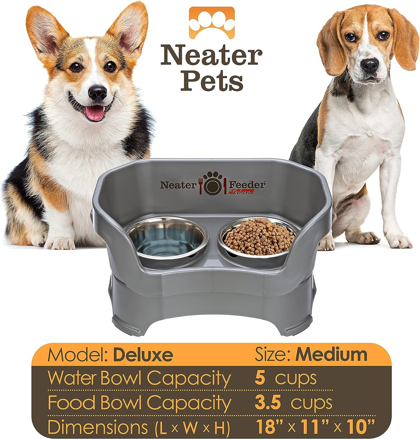 Neater Feeder Deluxe Mess Proof Dog Bowls Elevated Medium Sized Dog – Made in USA – No Spill Raised Dog Food Bowl Stand – Stainless Steel Dog Food and Water Bowl Set – Non-Tip & Non-Skid – Grey