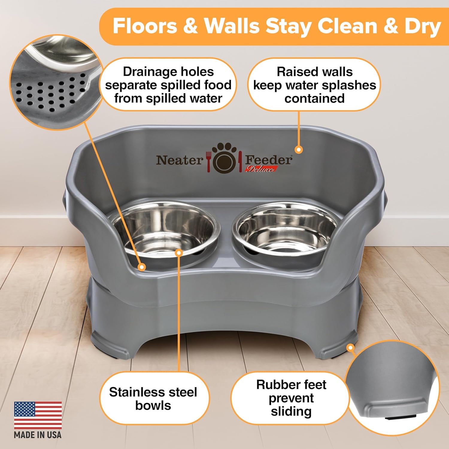 Neater Feeder Deluxe Mess Proof Dog Bowls Elevated Medium Sized Dog – Made in USA – No Spill Raised Dog Food Bowl Stand – Stainless Steel Dog Food and Water Bowl Set – Non-Tip & Non-Skid – Grey