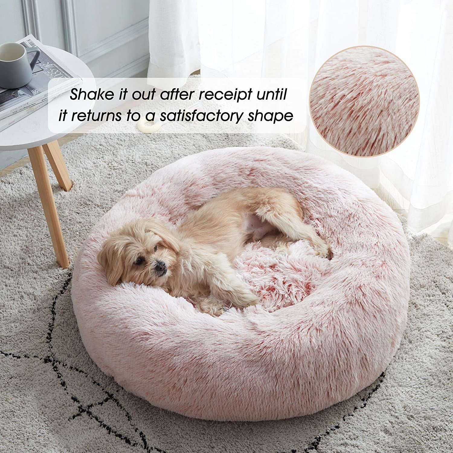 Calming Dog & Cat Bed, Anti-Anxiety Donut Cuddler Warming Cozy Soft round Bed, Fluffy Faux Fur Plush Cushion Bed for Small Medium Dogs and Cats