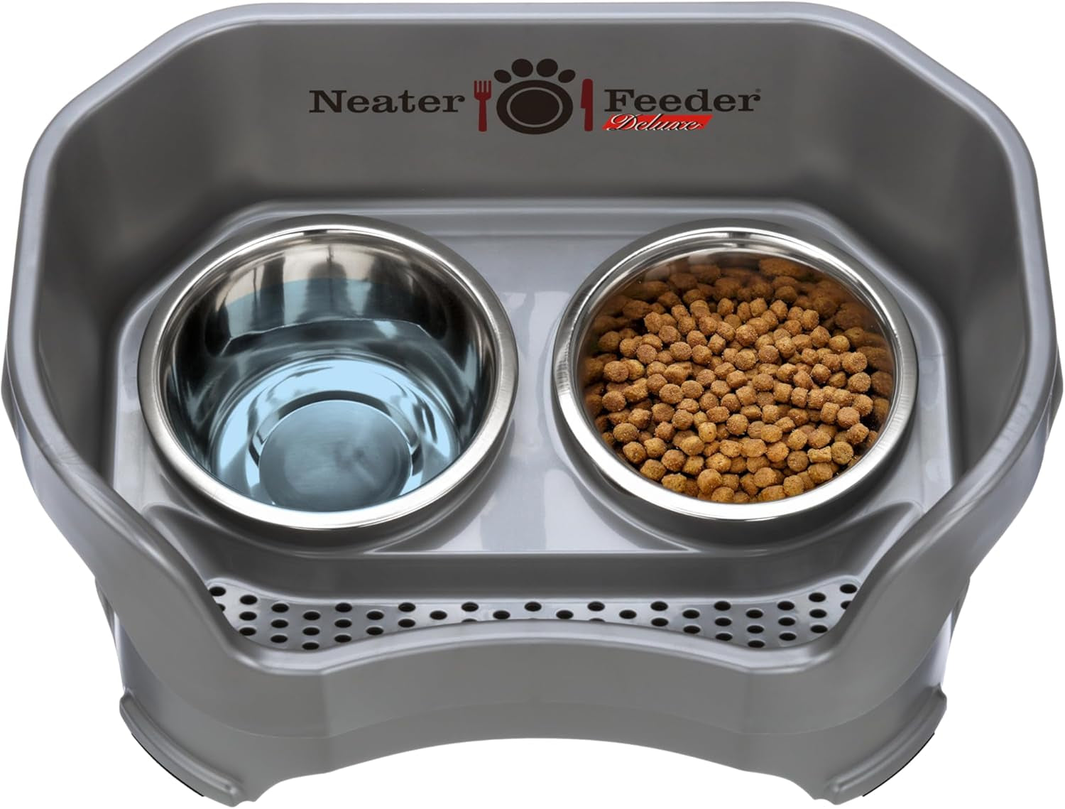 Neater Feeder Deluxe Mess Proof Dog Bowls Elevated Medium Sized Dog – Made in USA – No Spill Raised Dog Food Bowl Stand – Stainless Steel Dog Food and Water Bowl Set – Non-Tip & Non-Skid – Grey