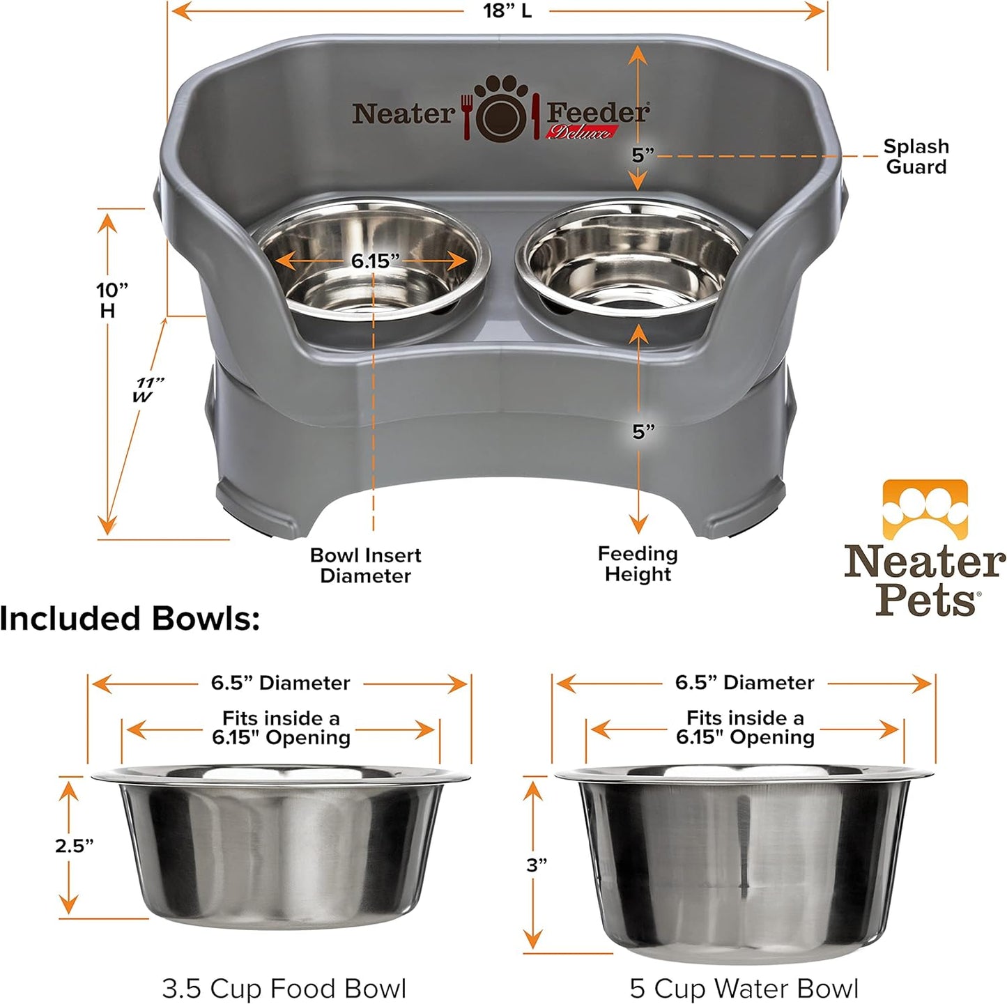 Neater Feeder Deluxe Mess Proof Dog Bowls Elevated Medium Sized Dog – Made in USA – No Spill Raised Dog Food Bowl Stand – Stainless Steel Dog Food and Water Bowl Set – Non-Tip & Non-Skid – Grey