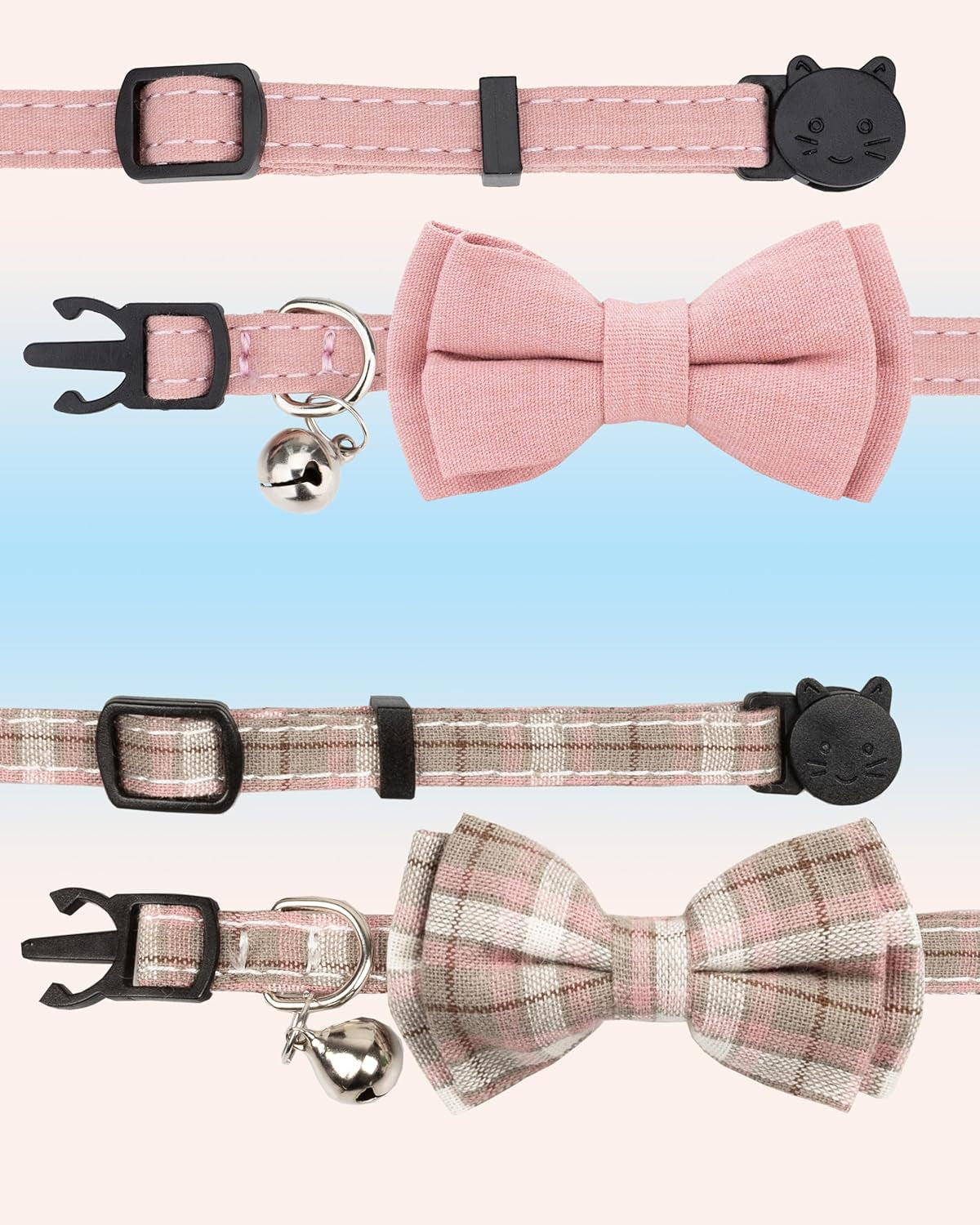 Cat Collar Breakaway Bowtie Safety with Bell Adjustbale Kitten Puppy Solid Plaid Color Set D-[2Pcs] Pink-2