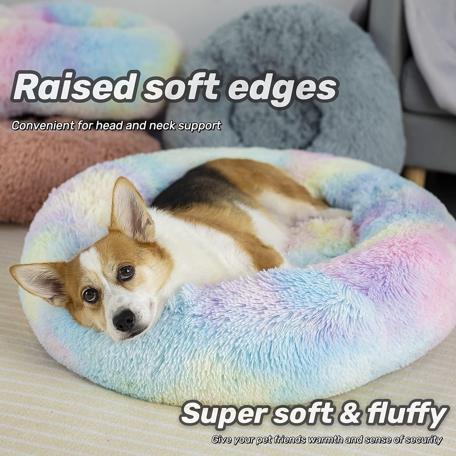 anti Anxiety round Fluffy Plush Faux Fur Warm Washable Dog Bed & Cat Bed, Original Bed for Small Medium Large Pets,Used to Relieve Joints and Improve Sleep（20"/24"/27''） (20", Rainbow)