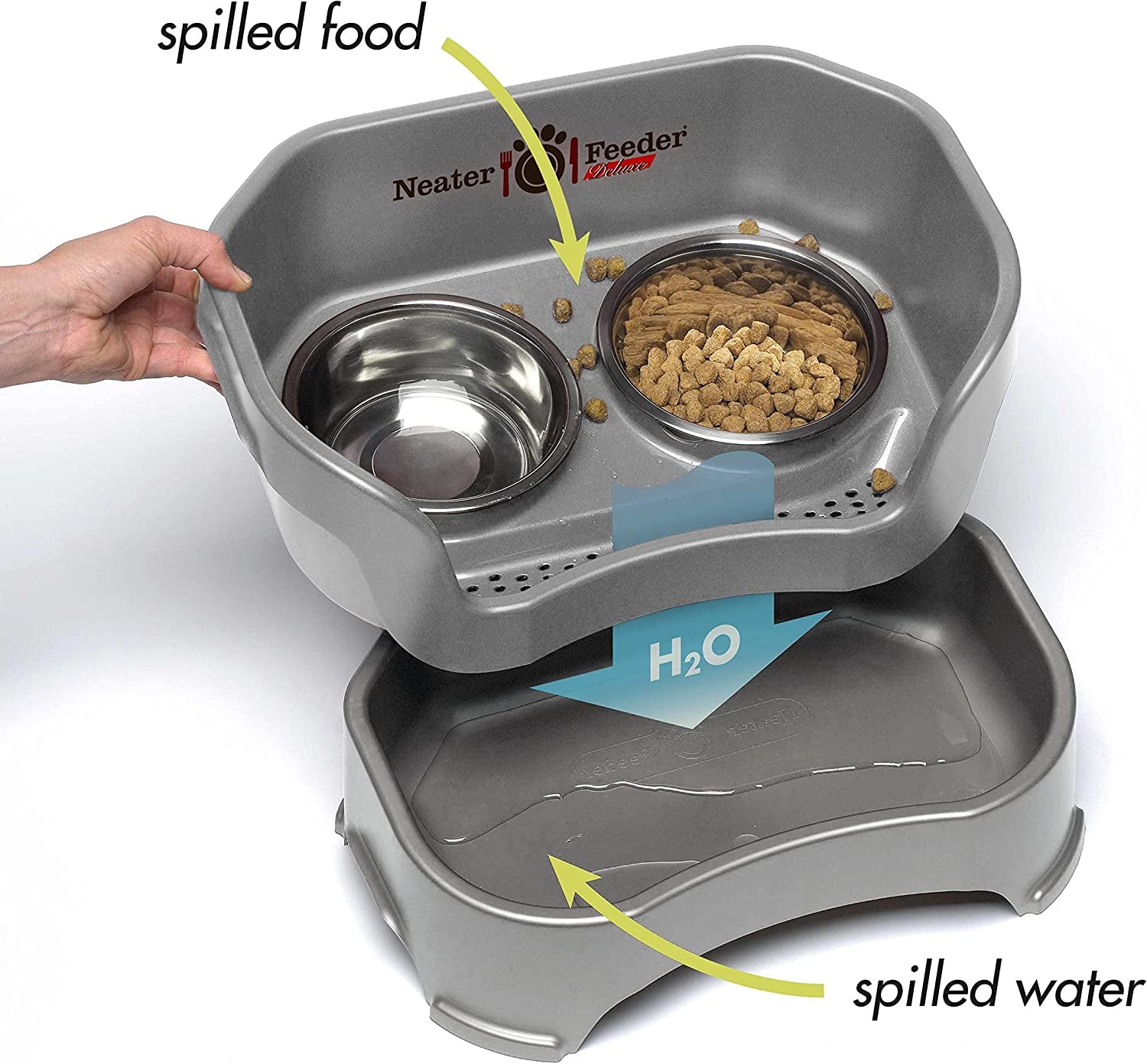 Neater Feeder Deluxe Mess Proof Dog Bowls Elevated Medium Sized Dog – Made in USA – No Spill Raised Dog Food Bowl Stand – Stainless Steel Dog Food and Water Bowl Set – Non-Tip & Non-Skid – Grey