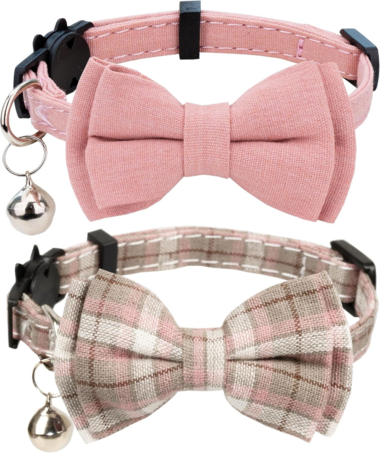 Cat Collar Breakaway Bowtie Safety with Bell Adjustbale Kitten Puppy Solid Plaid Color Set D-[2Pcs] Pink-2