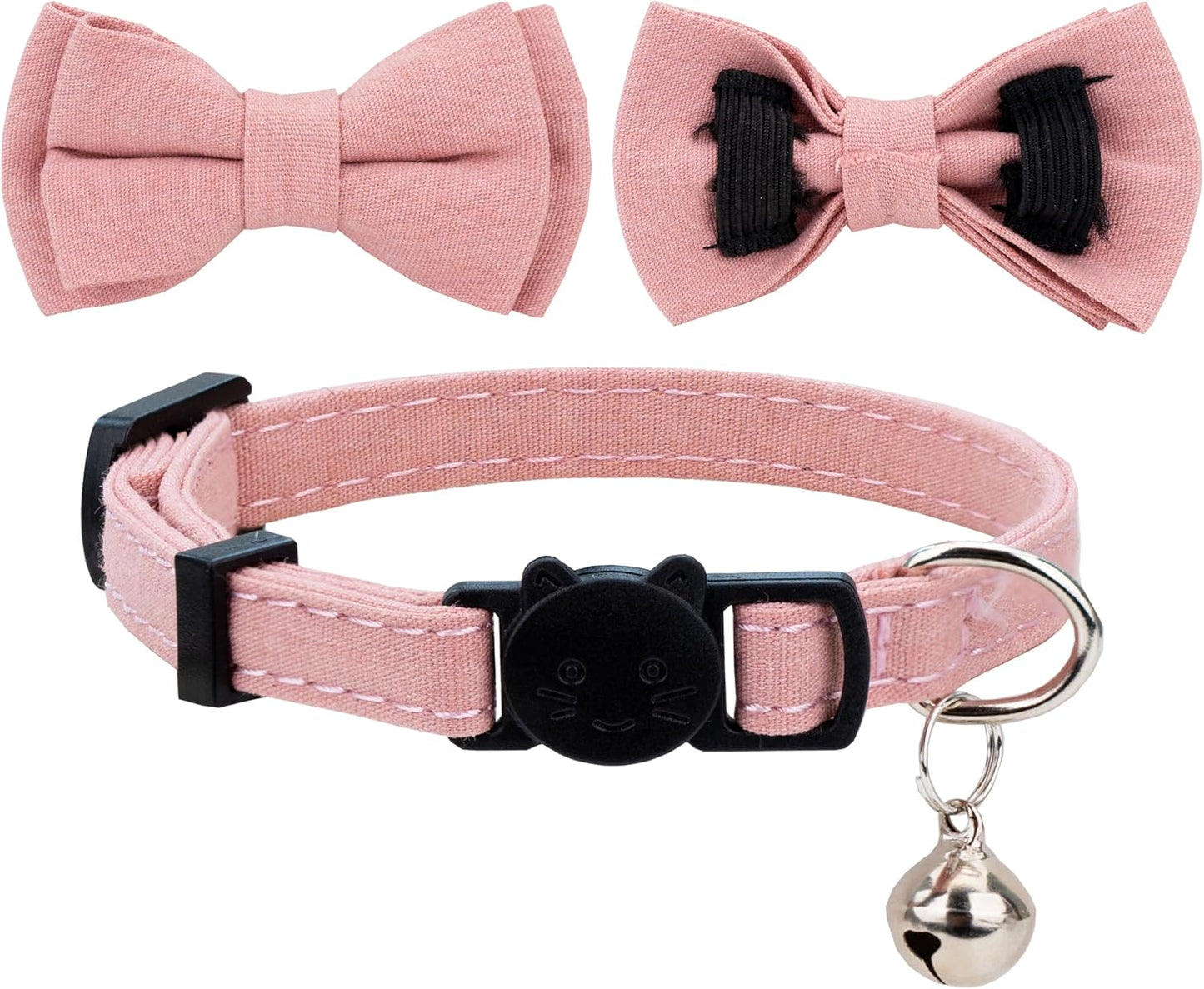 Cat Collar Breakaway Bowtie Safety with Bell Adjustbale Kitten Puppy Solid Plaid Color Set D-[2Pcs] Pink-2